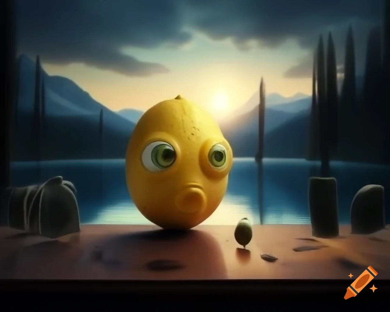 Closeup of surreal Lemon Monster sculpture with human features in forest setting