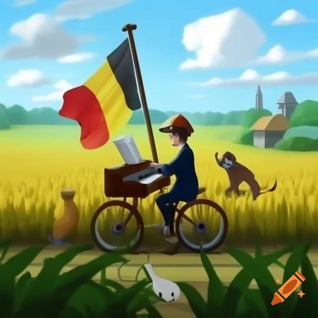 Man With Belgium Flag Riding Bike And Playing Piano In Rice Fields With 