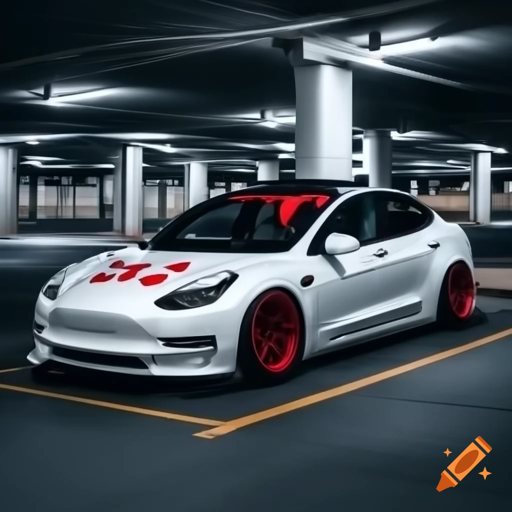 Customized white Tesla Model Y with red decals in underground parking lot