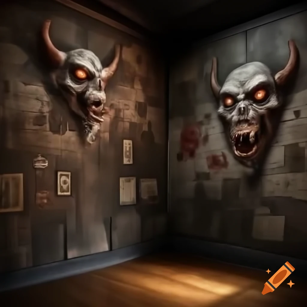 Scary house room with demonic drawings on the walls