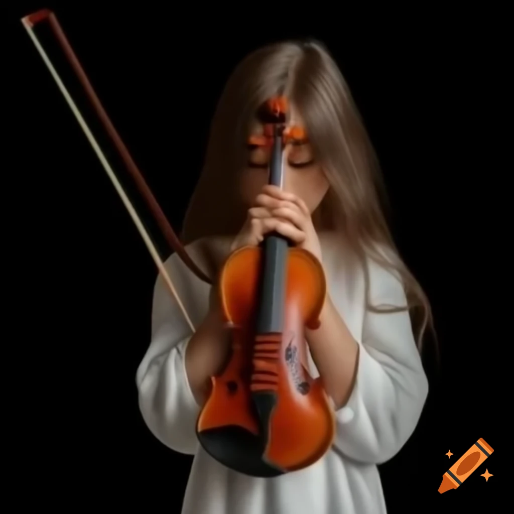 Girl praying in front of a violin