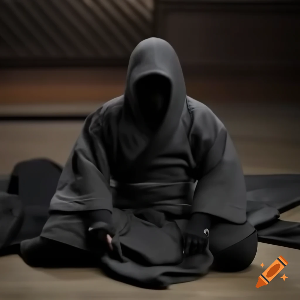 Folded ninja cloth set displayed on floor in realistic style