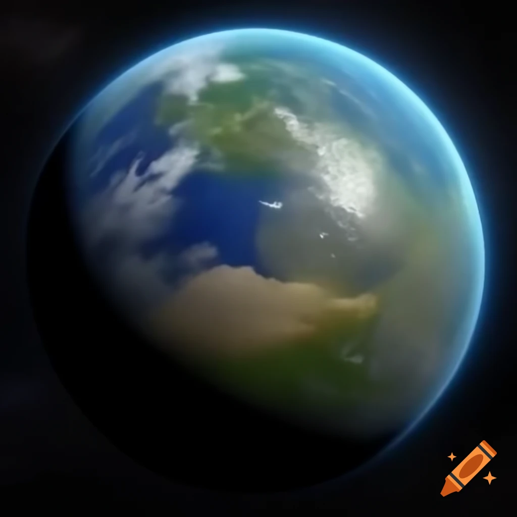 Planet featuring blue oceans, green land, and a large desert area