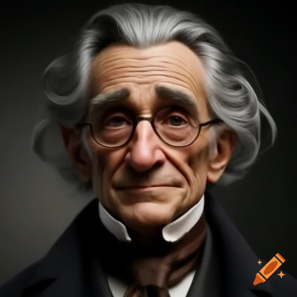 Realistic portrait of Victorian male country doctor with gray hair and glasses, grinning