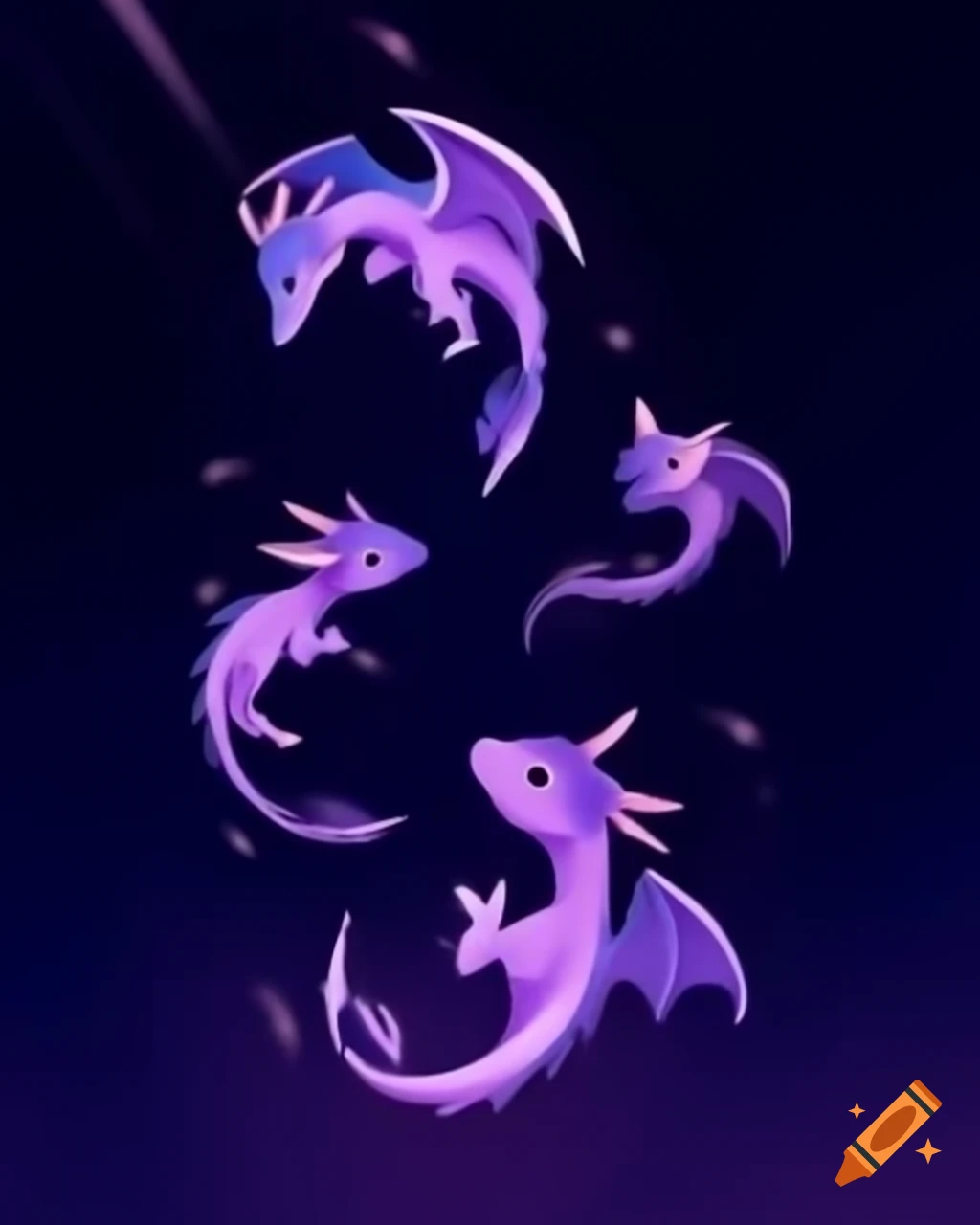 Tiny dragons flying in upward formation with purple effects