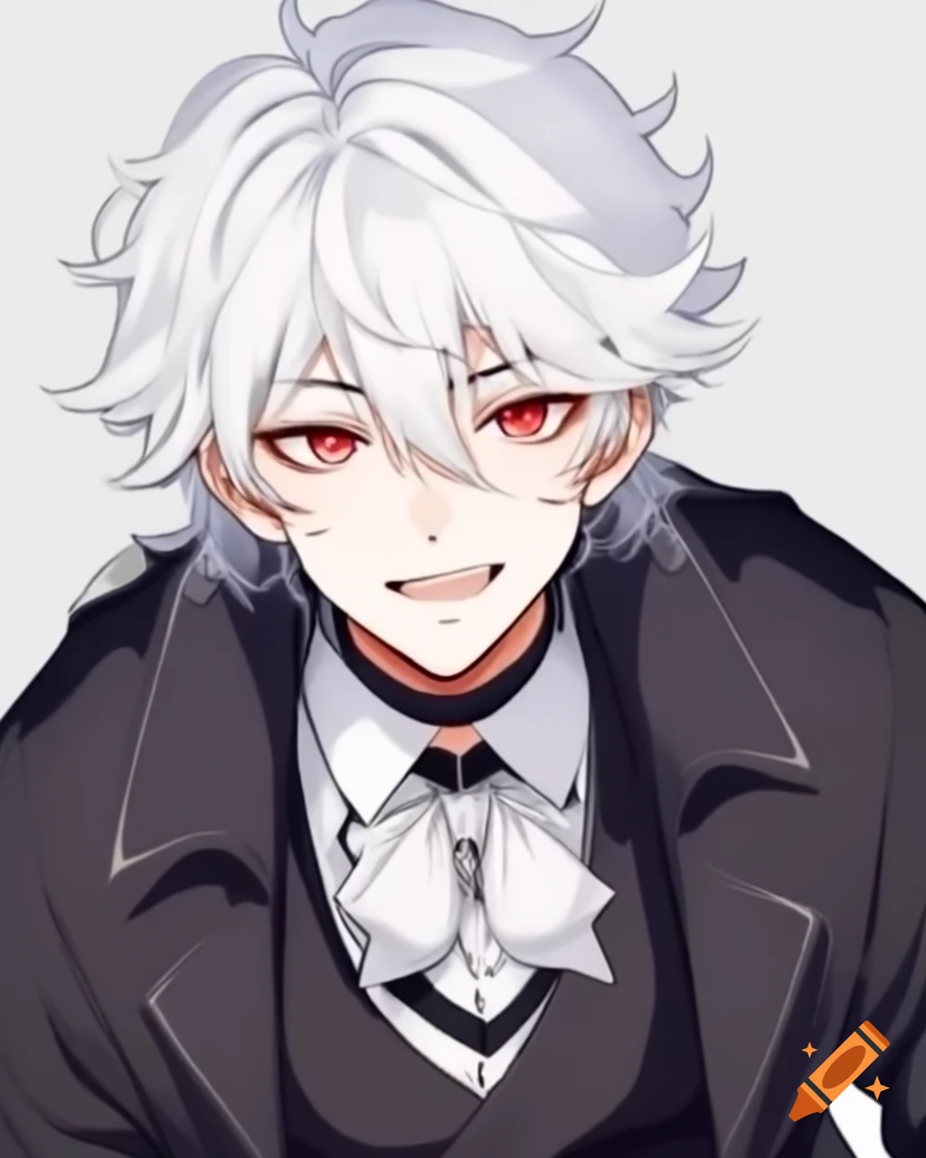 Charismatic anime guy with white hair and red eyes in a tuxedo