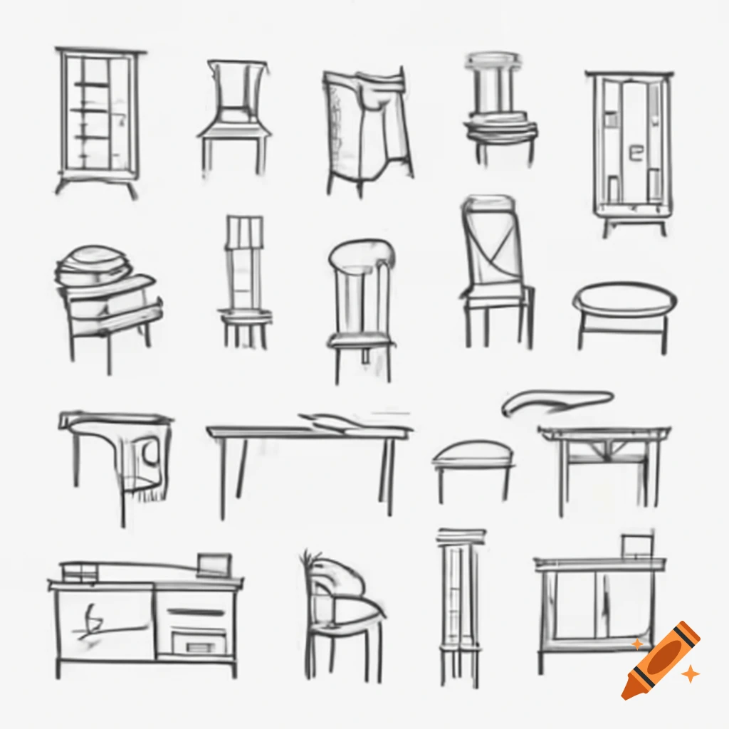 Line drawings of various furniture designs