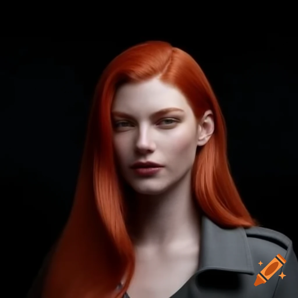 Portrait of tall European woman with long red hair in grey jacket