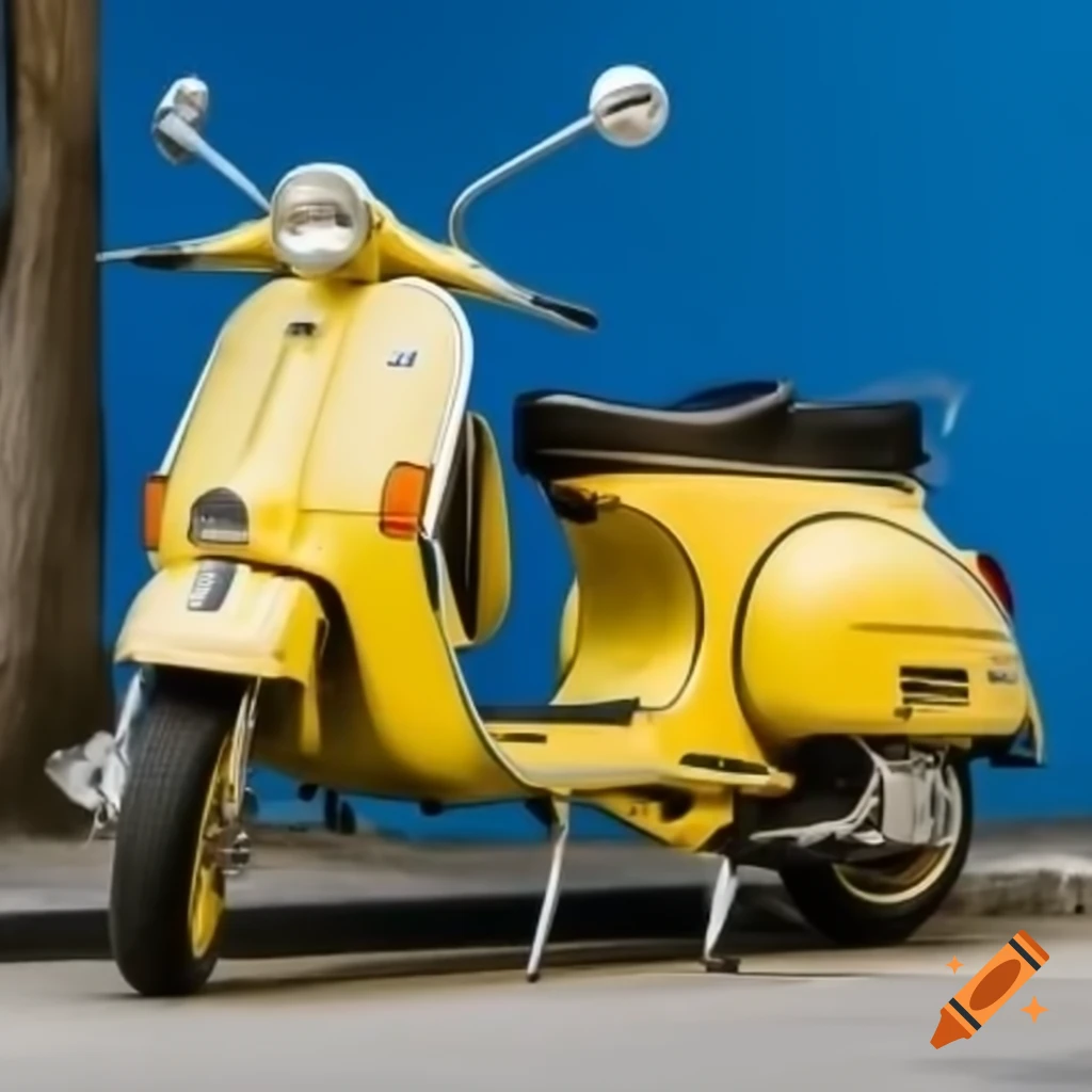 Yellow Vespa scooter beside blue tree