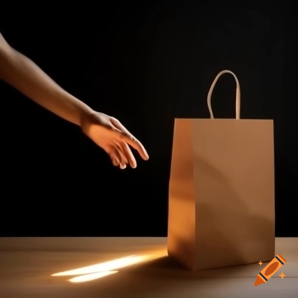 Hand passing brown paper bag with light shining around