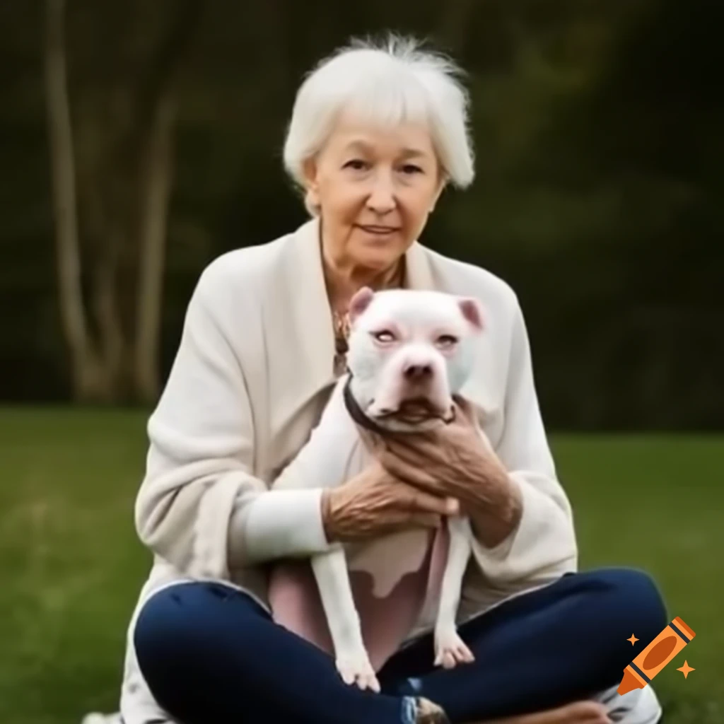 Middle-aged woman with short hair sitting outside with small pit bull