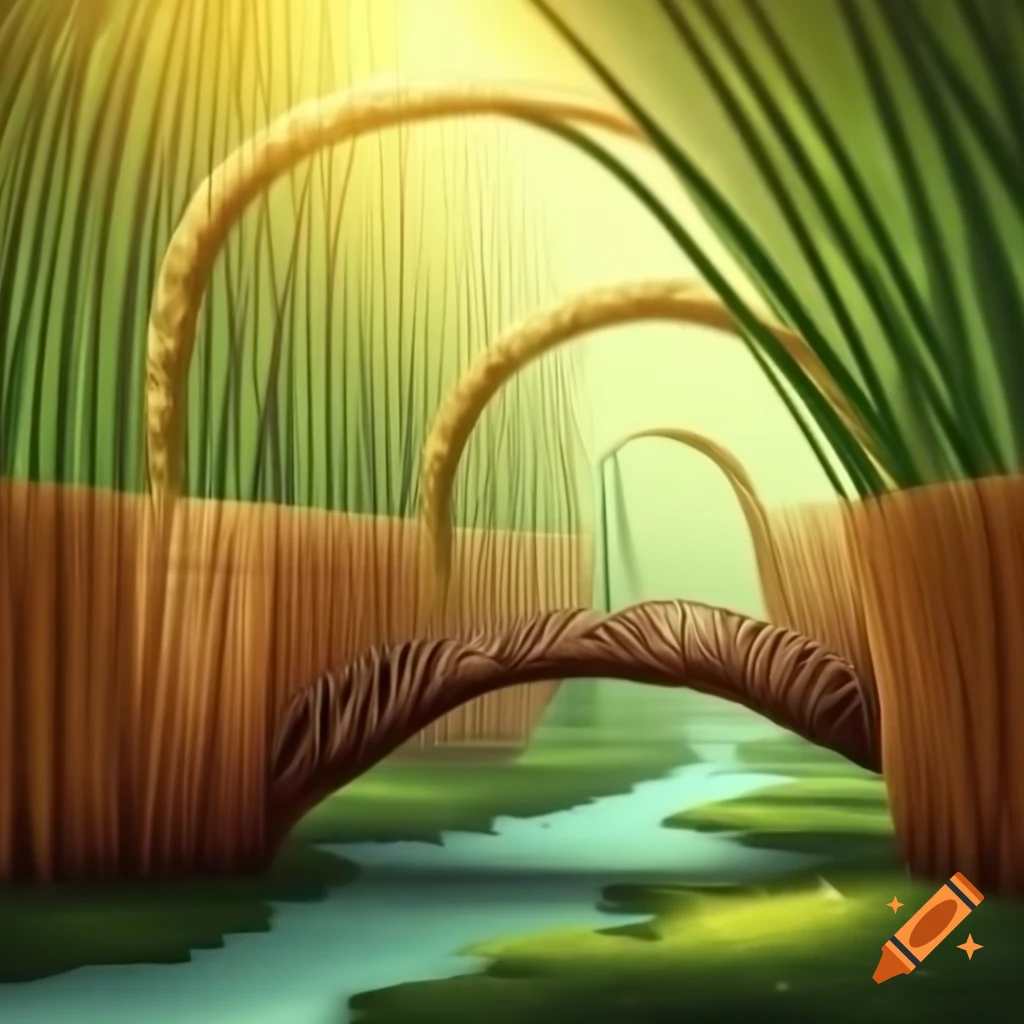Graceful bamboo bridge arching over a babbling brook