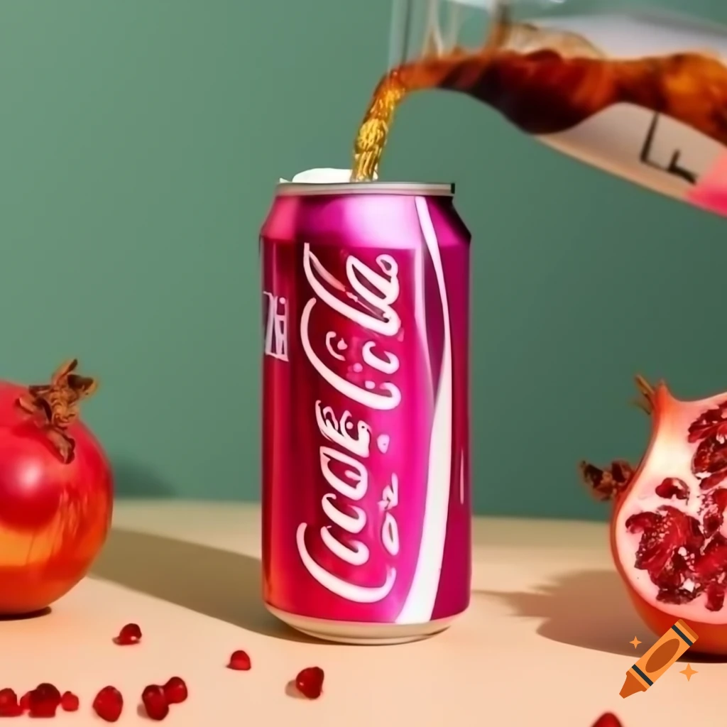 Coke can with pink and silver design being poured with pomegranate juice
