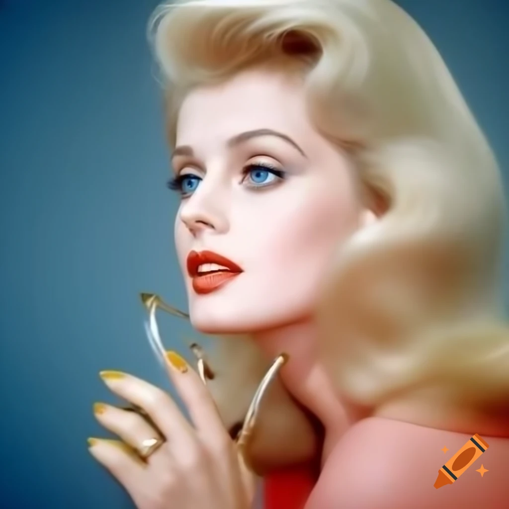 Hyper-realistic photograph of a charming European actress from 1963 with porcelain skin and blue eyes