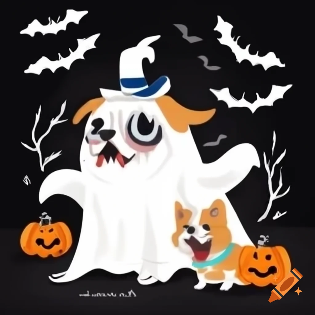 Cartoon-style dog in ghost sheet with goofy expression