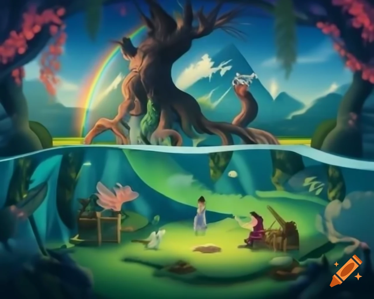 Porcelain fairy goddess in enchanted forest with wooden table