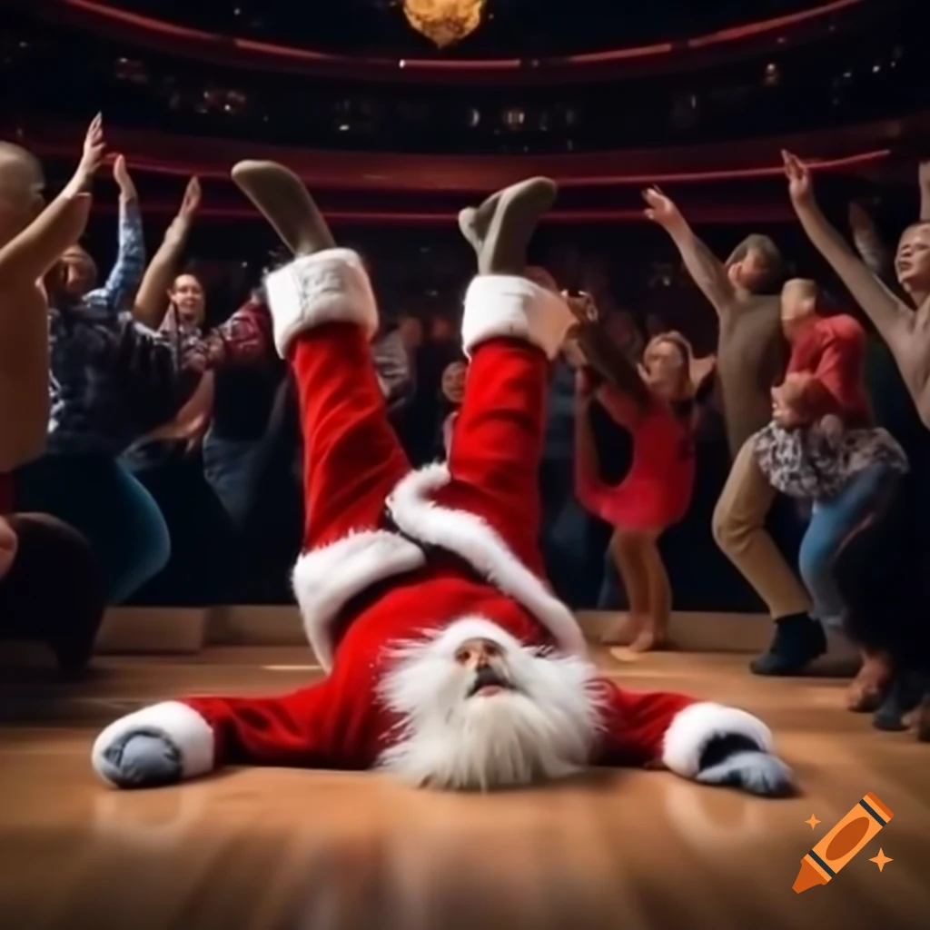 Santa breakdancing on dance floor with cheering crowd
