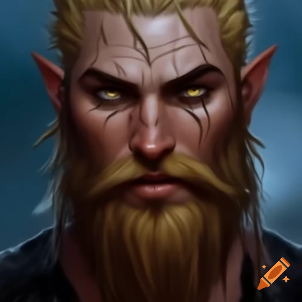 Wet bearded man with blonde hair, yellow eyes, and pointy ears