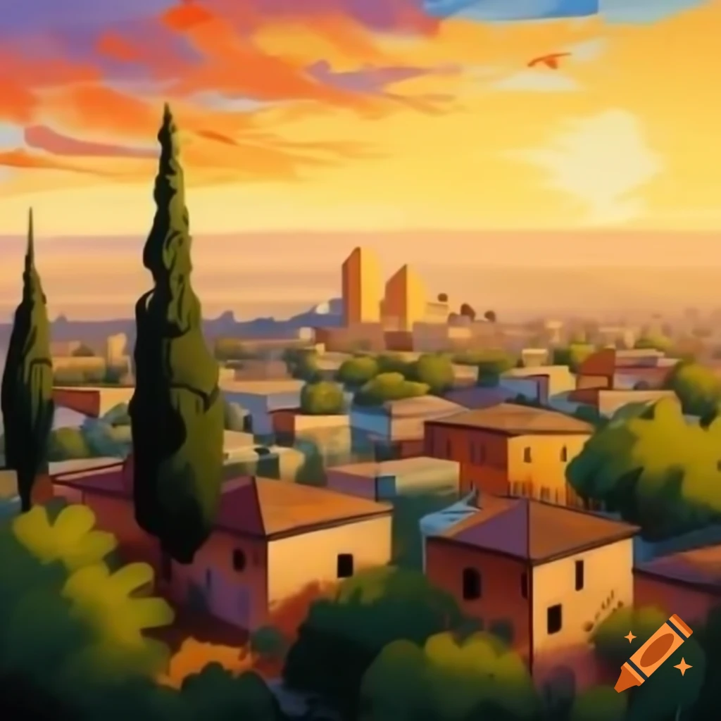 Shiraz skyline with cypress trees at sunrise, colorful blocky oil painting