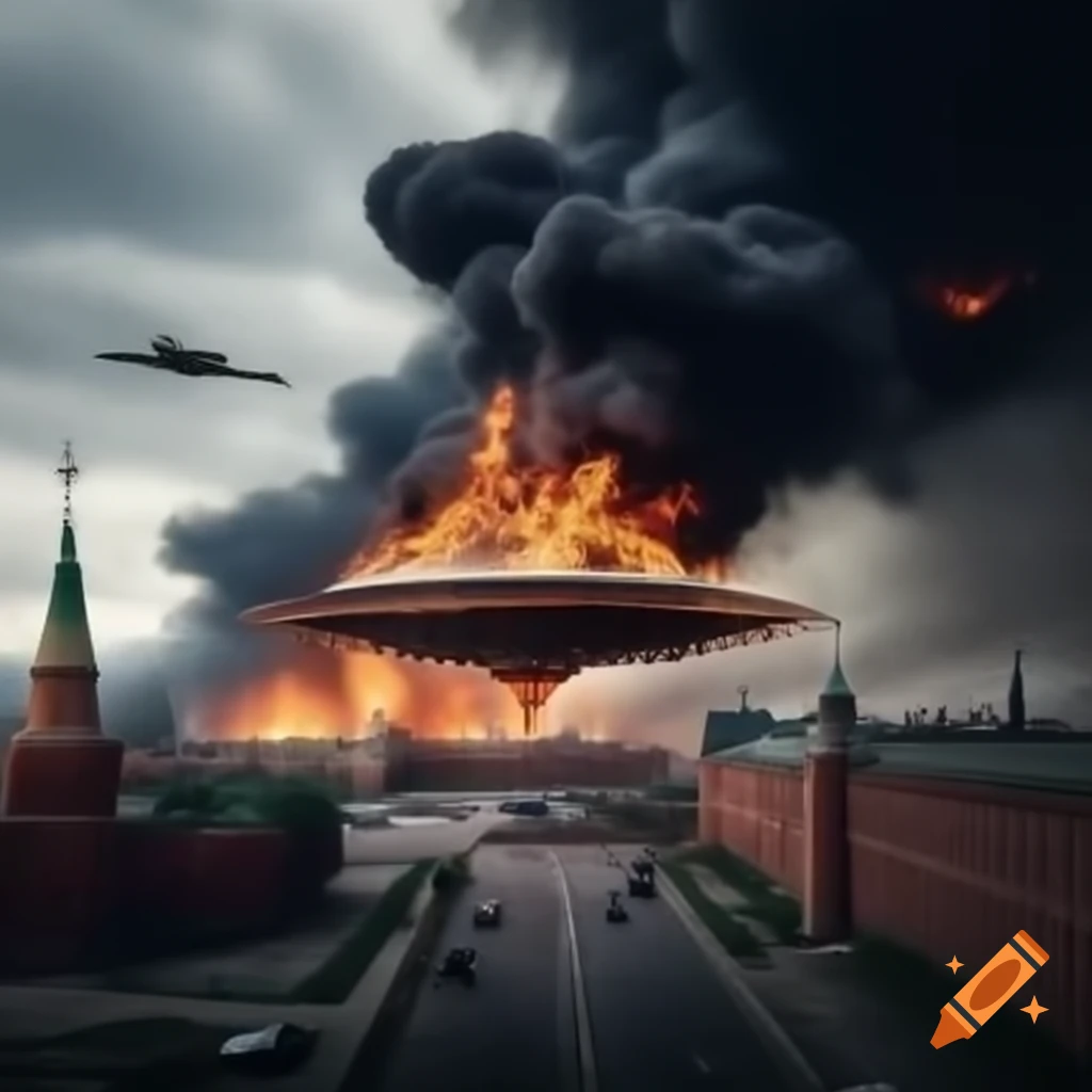 Hyper-realistic photo of flying saucer shooting fire at Moscow Kremlin