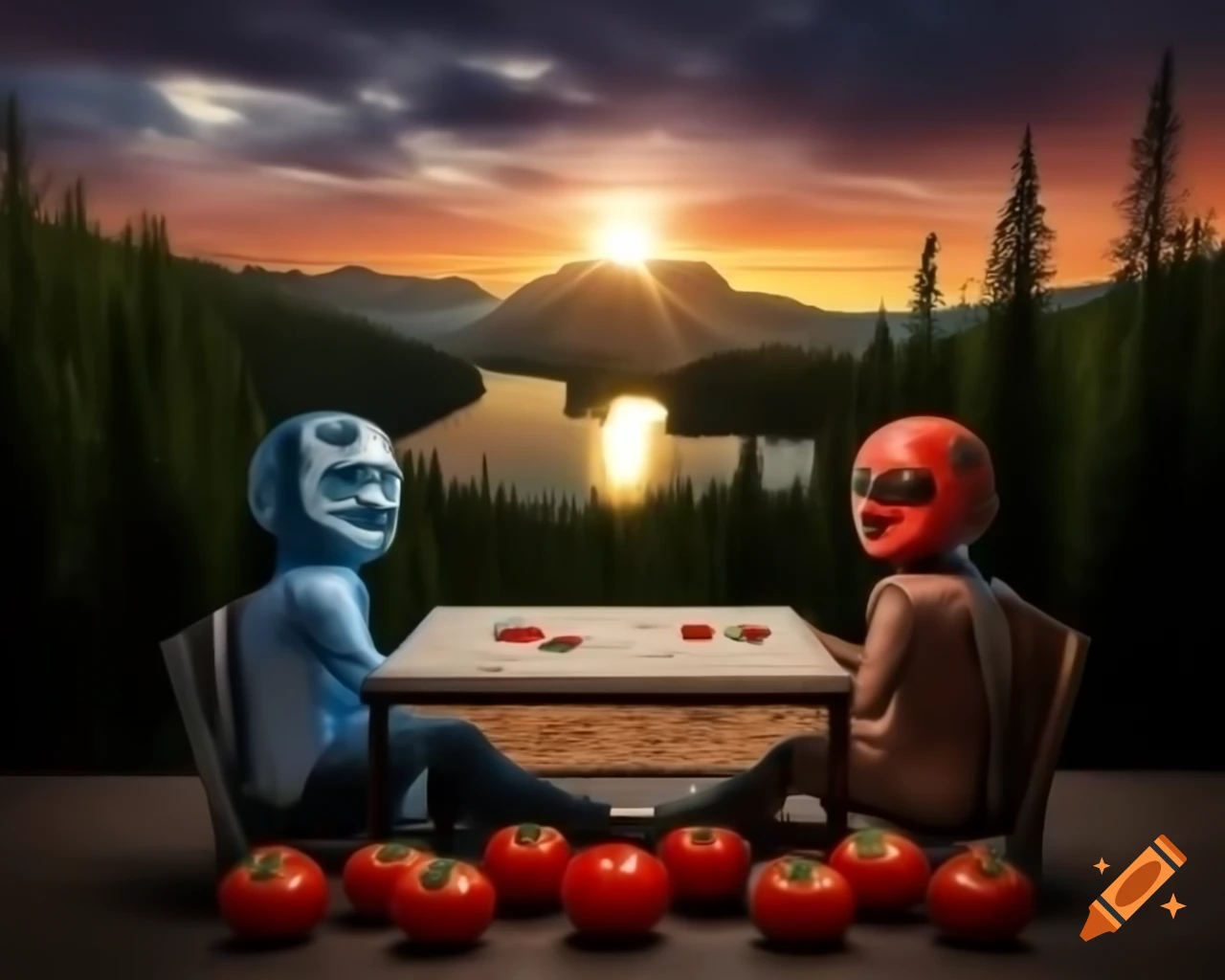 Photorealistic human face made of tomatoes, surrounded by tomatoes in hyperrealistic style