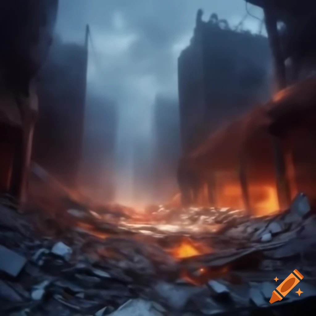 Destruction of streetscape with smoking rubble and twisted metal