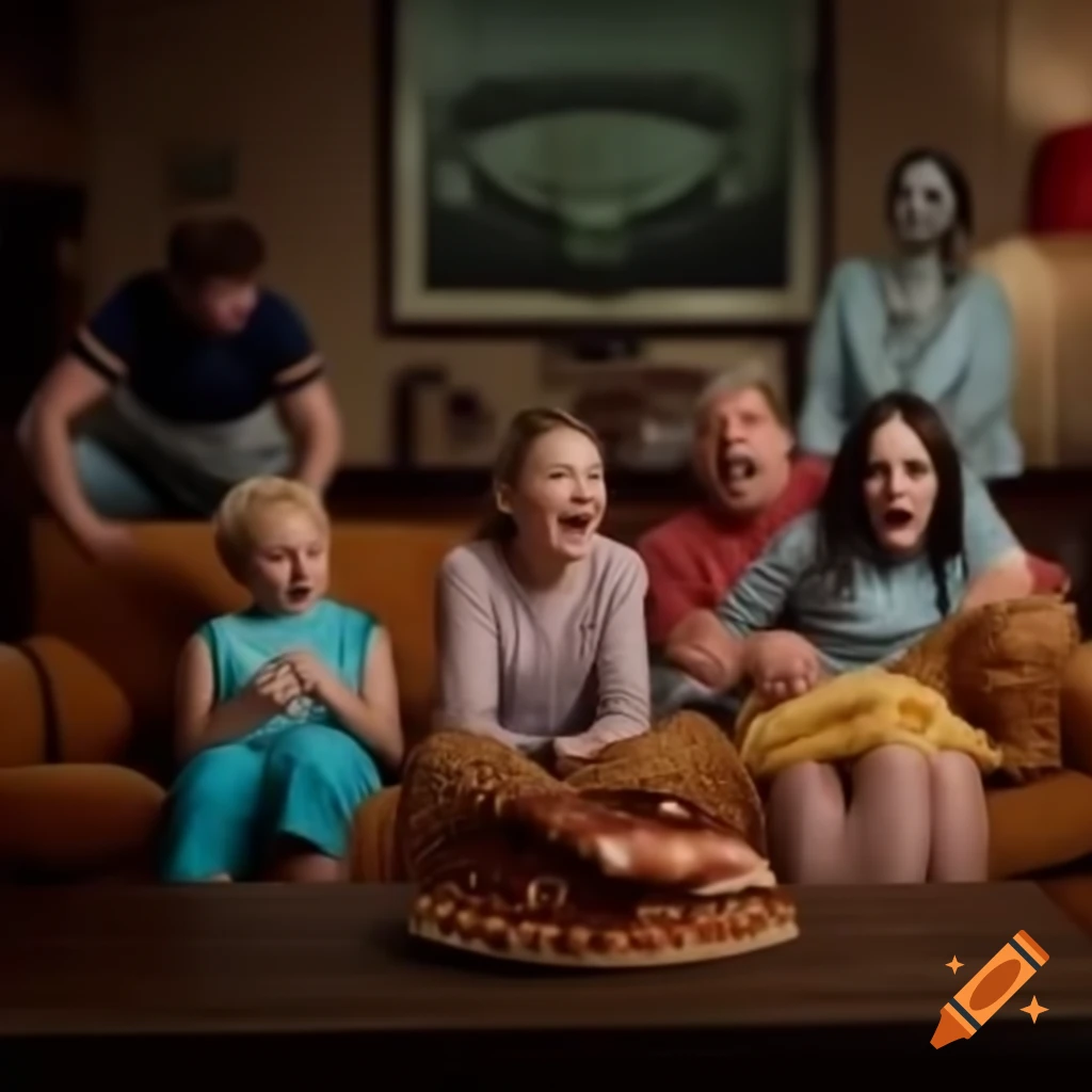Family laughing on couch with juice spilling while watching alien eat pizza on TV
