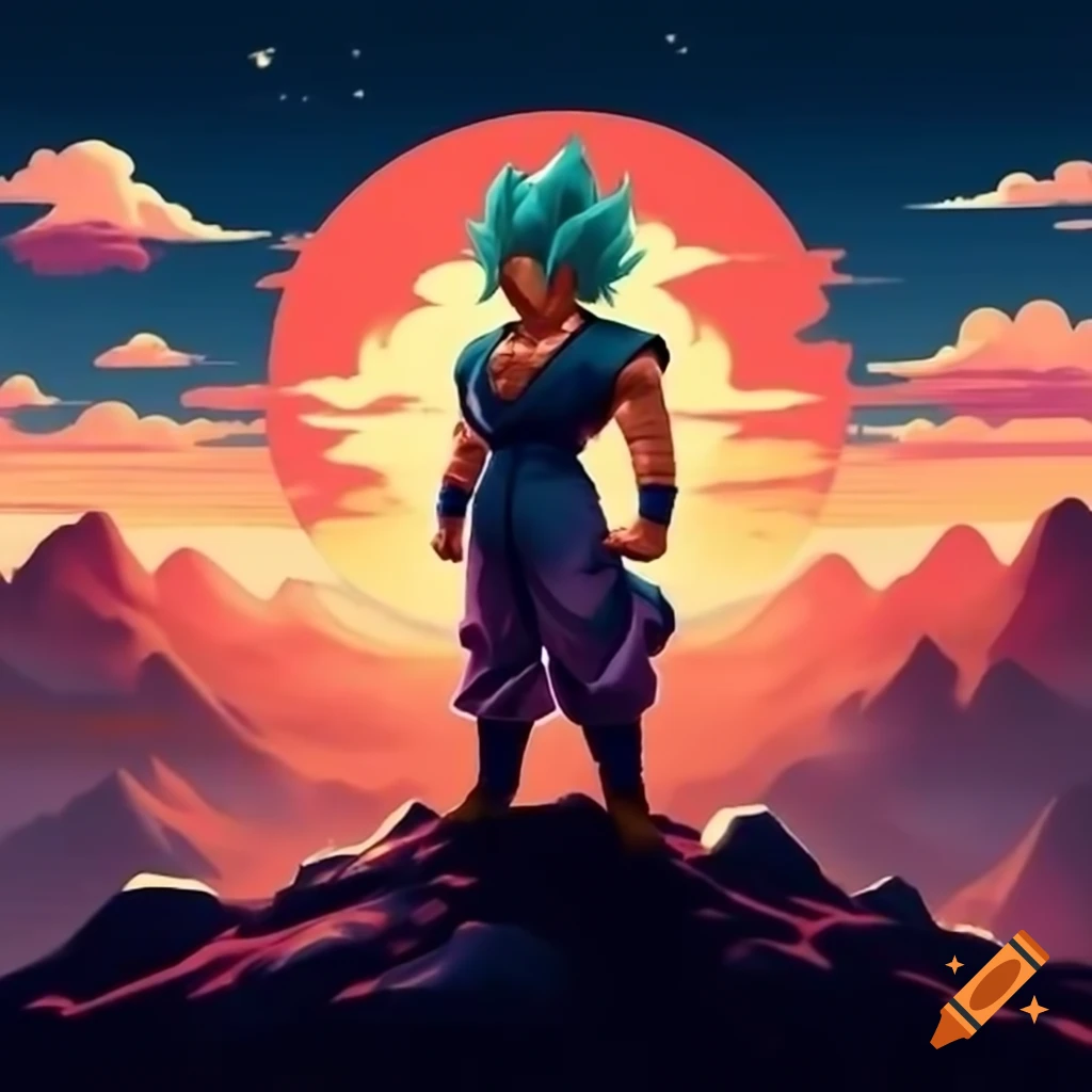 80's style rock album cover featuring super saiyan on mountain at sunset