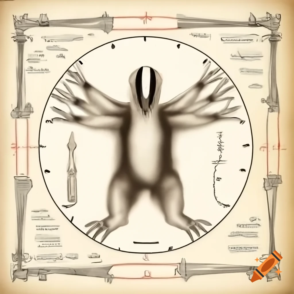 Highly symmetrical ink drawing of badger-hominid hybrid in upright position