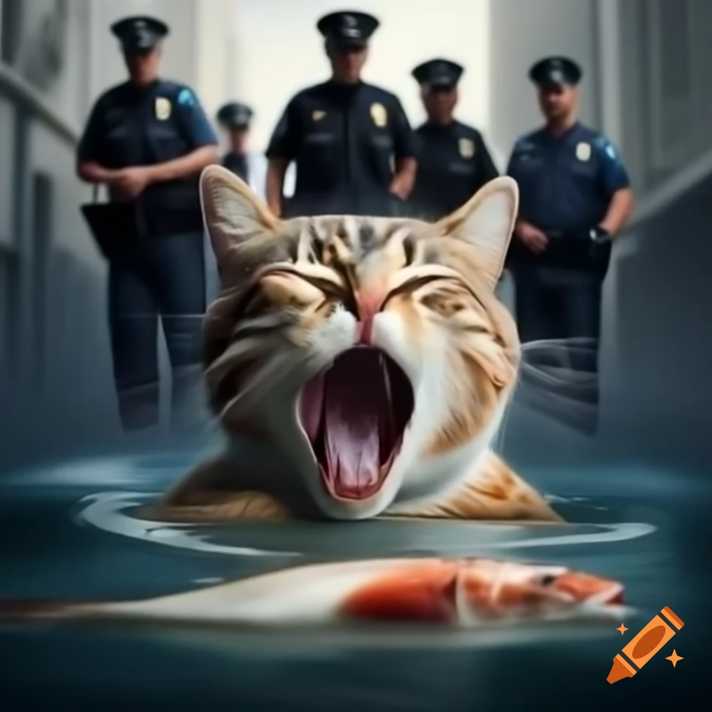 Cat looking upset after stealing a fish caught by police