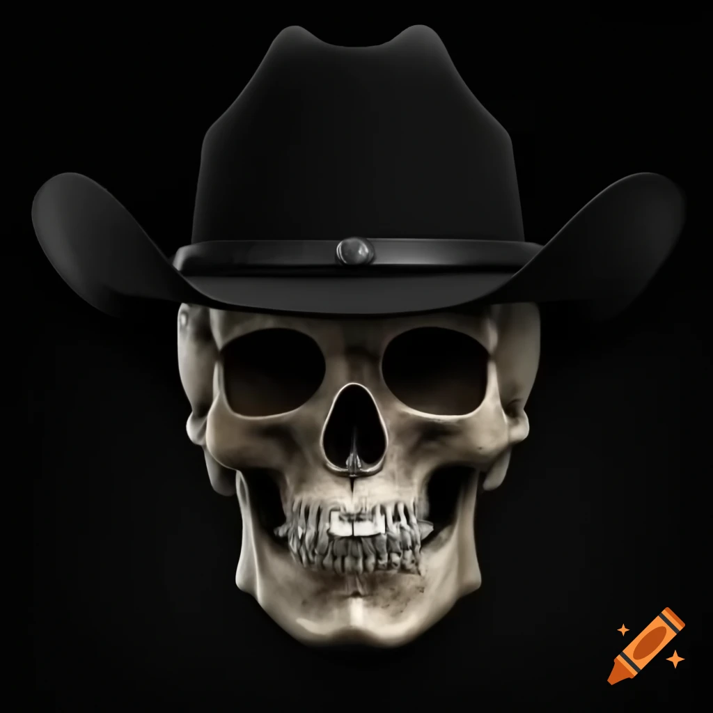 Skull wearing black cavalry soldier stetson hat