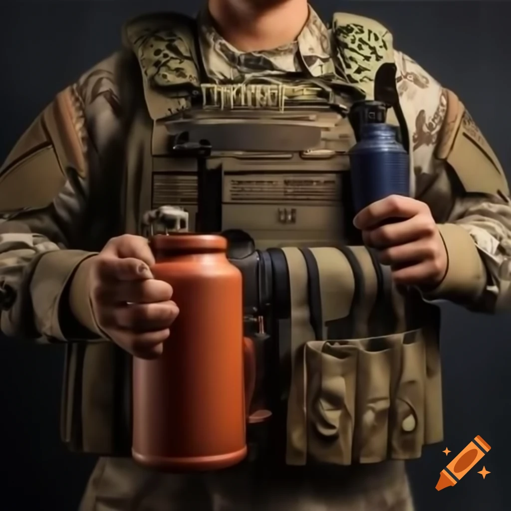 Soldier with thermos and multiple hanging thermoses on vest