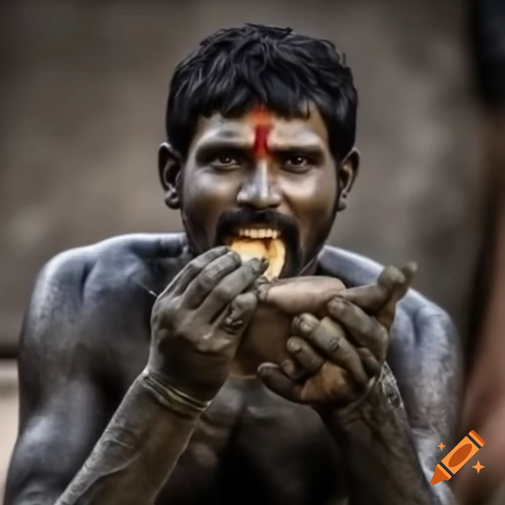 Indian man consuming earthen material