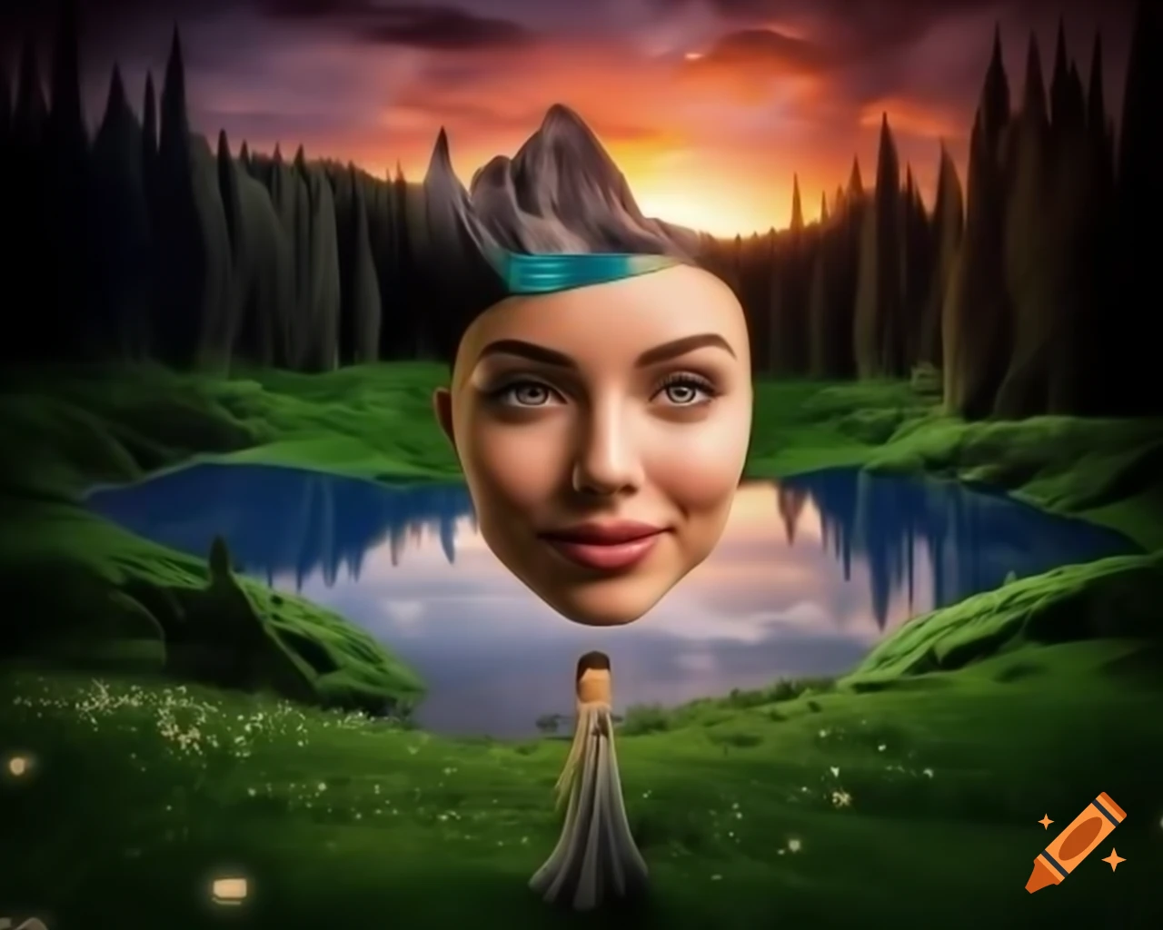 Surreal 3D render of woman's face in forest with wildflowers and butterflies