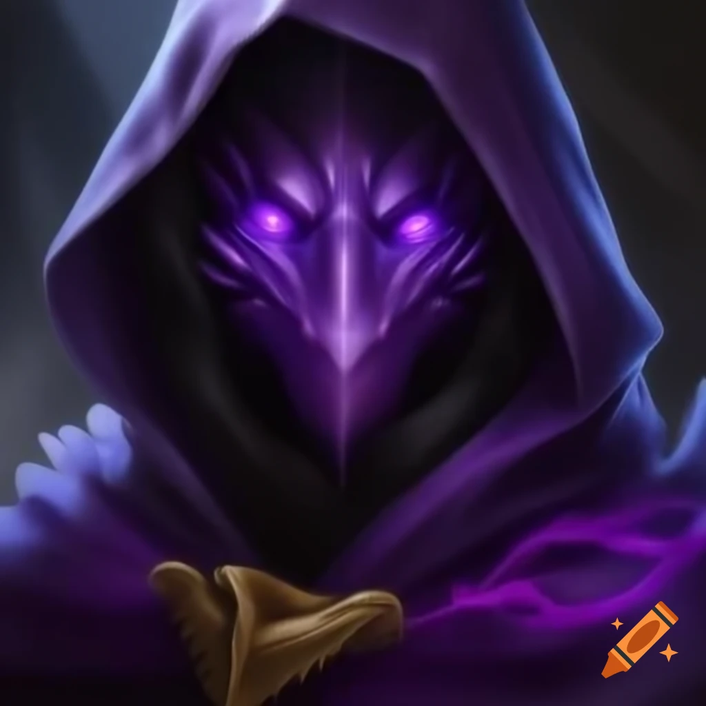 Man with purple eyes in dragon mask and purple clothing