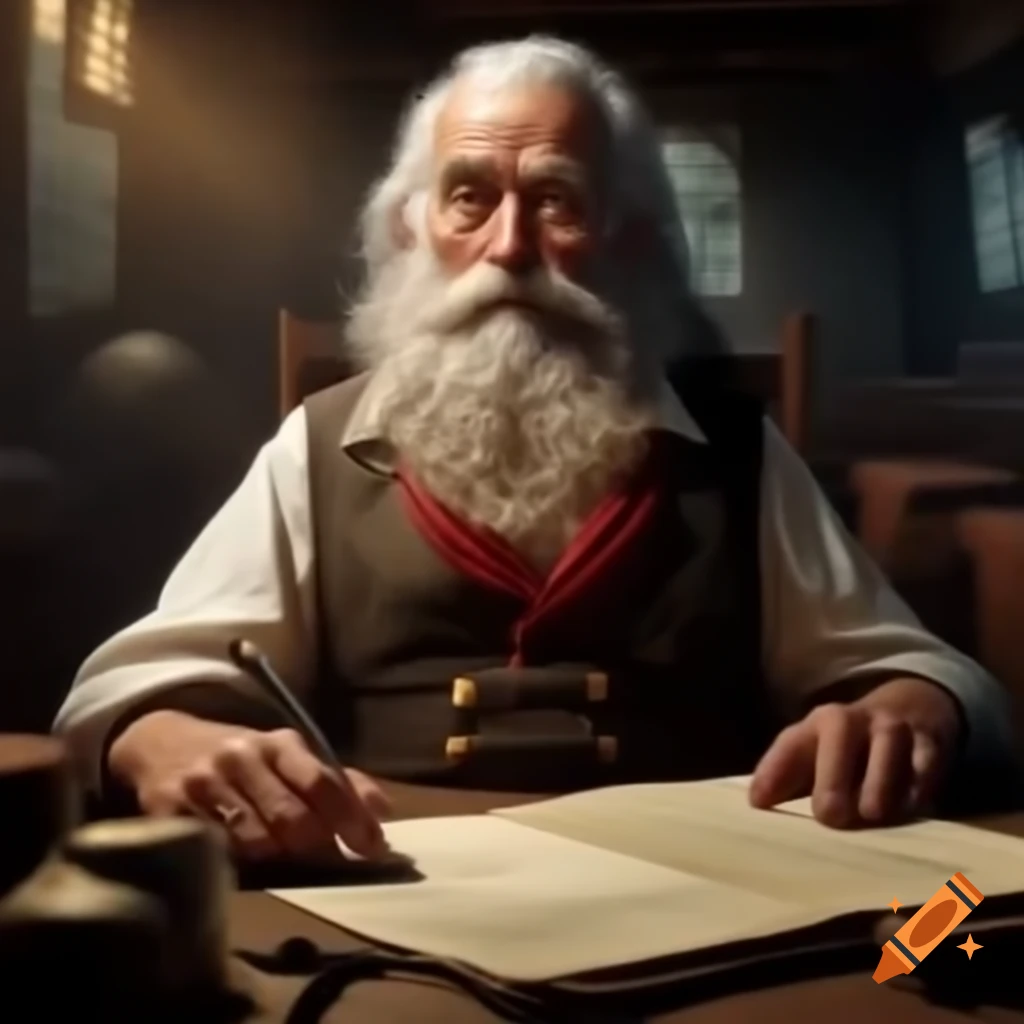 Old sailor with long beard writing letter in cabin
