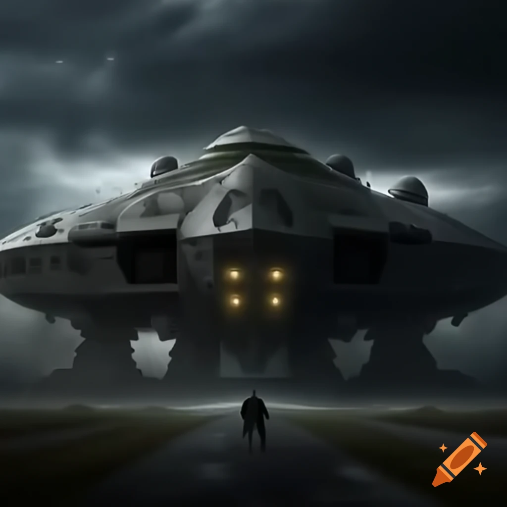 Gigantic spaceship under stormy weather with small human for scale