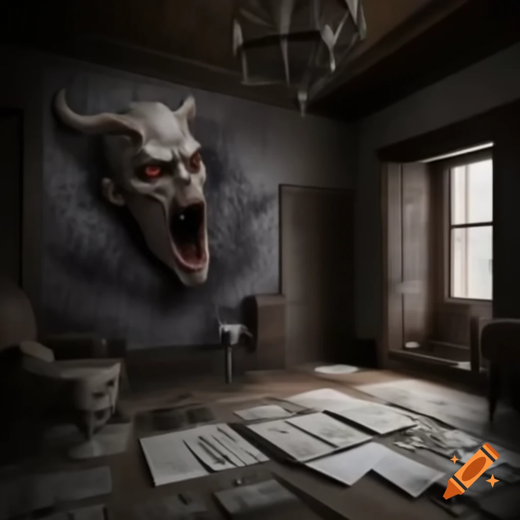 Realistic scary house room with demonic drawings on walls