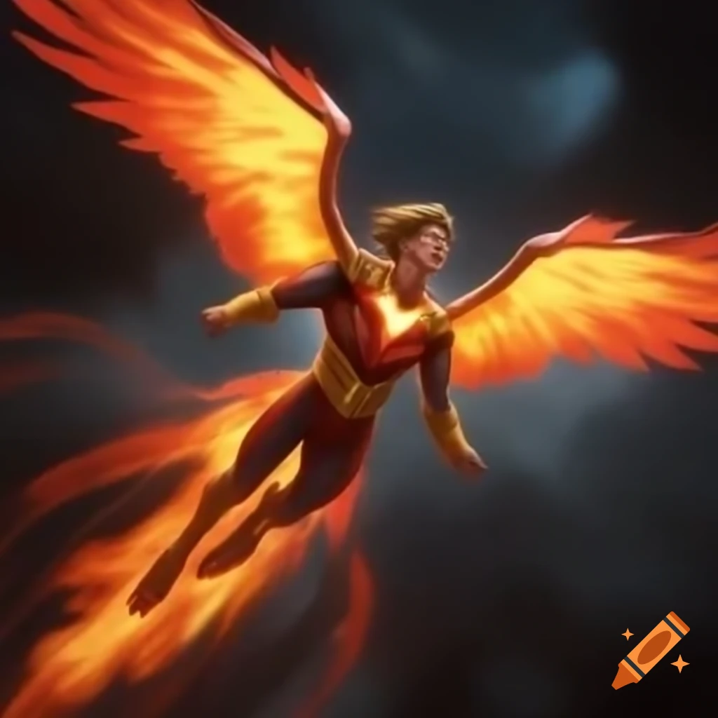 Firebird soaring with fiery wings in a sleek supersuit