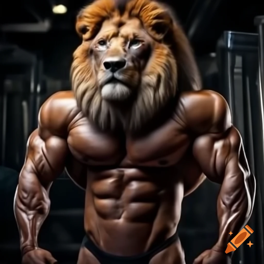 Lion with muscular physique resembling a bodybuilder