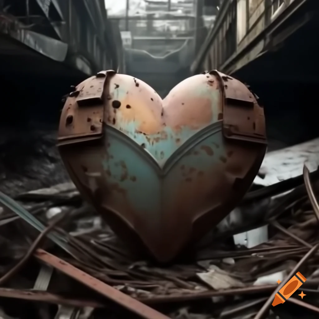 Rusty steel heart among scrap metal in abandoned junkyard