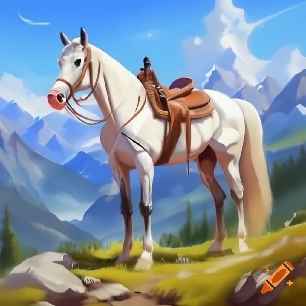 Beautiful white mountain horse with saddle in mountainous landscape