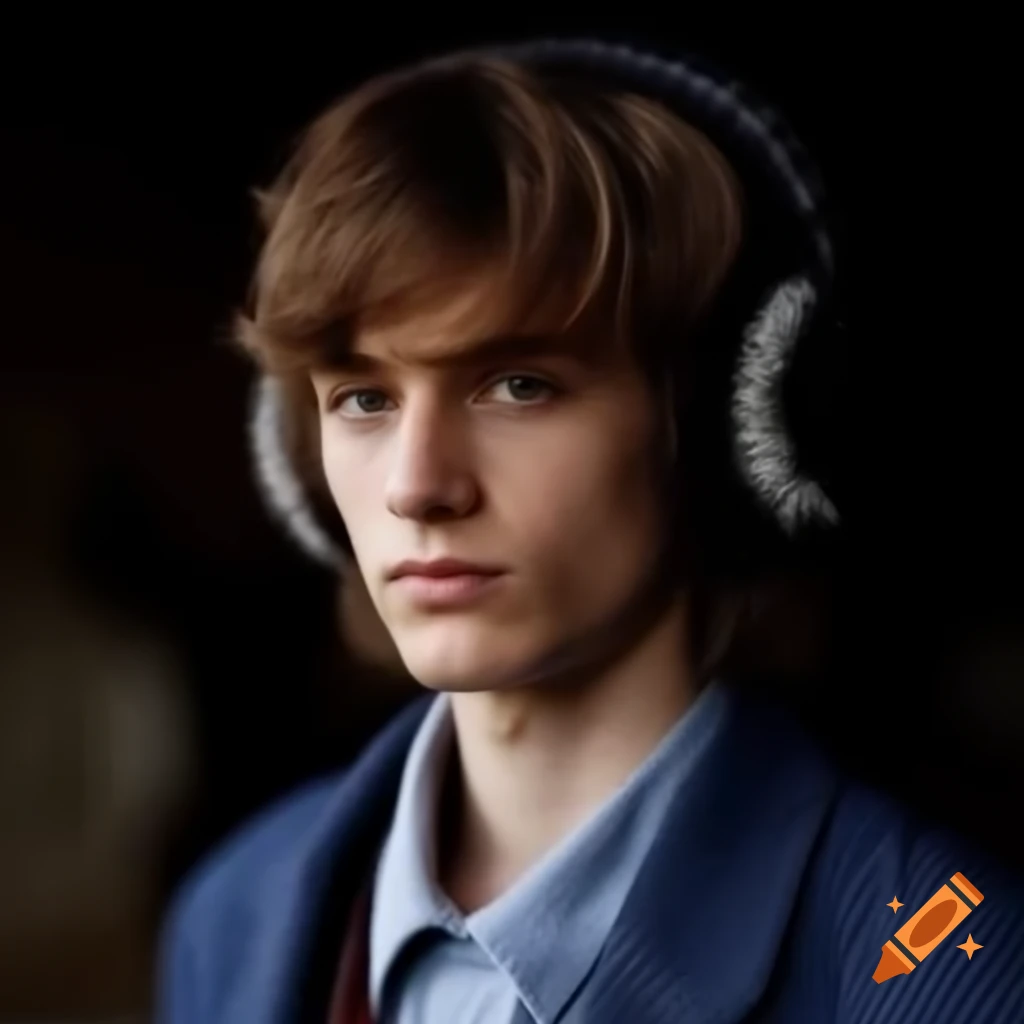 Close portrait of young European man in indigo blazer and earmuffs with blurred background