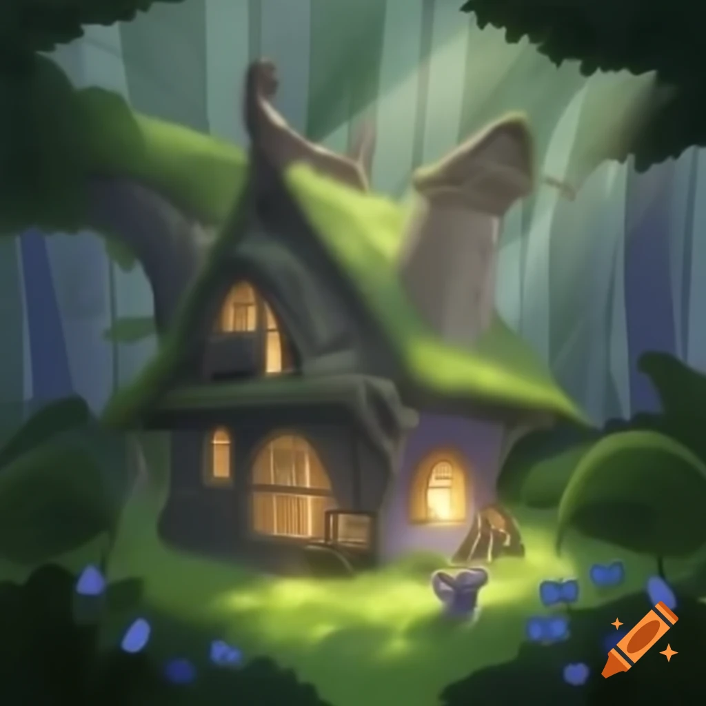Cottage in foggy forest with wooden structure and arched windows