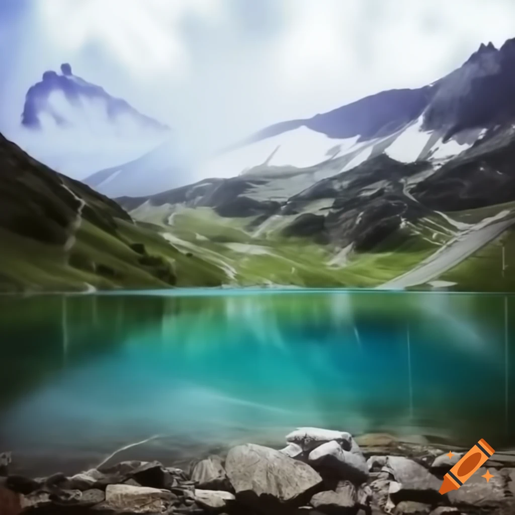 Alpine lake in mountain cirque during summer, photorealistic landscape