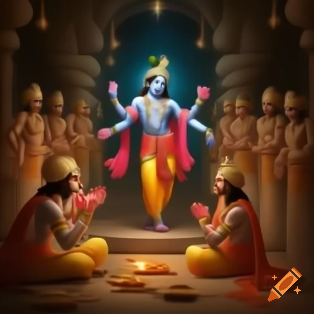 Krishna teaching Arjuna with a gesture of wisdom