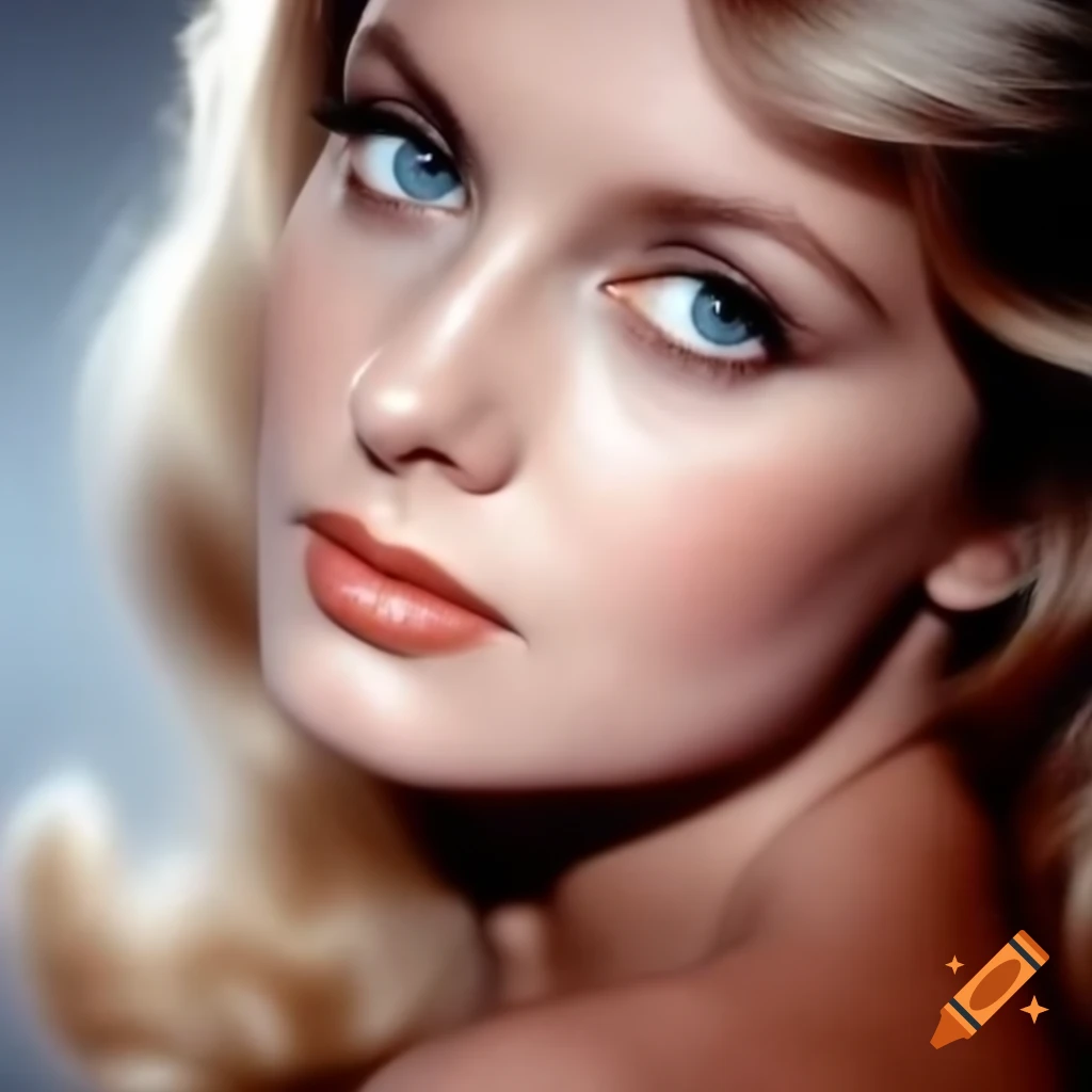 Hyper-realistic portrait of a beautiful European actress from 1963 with porcelain skin and striking blue eyes