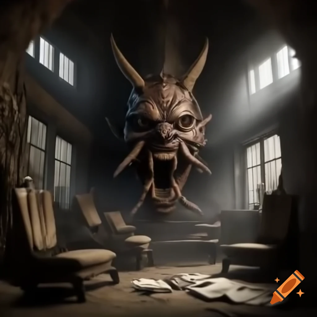 Scary house with large room featuring demonic drawings on walls