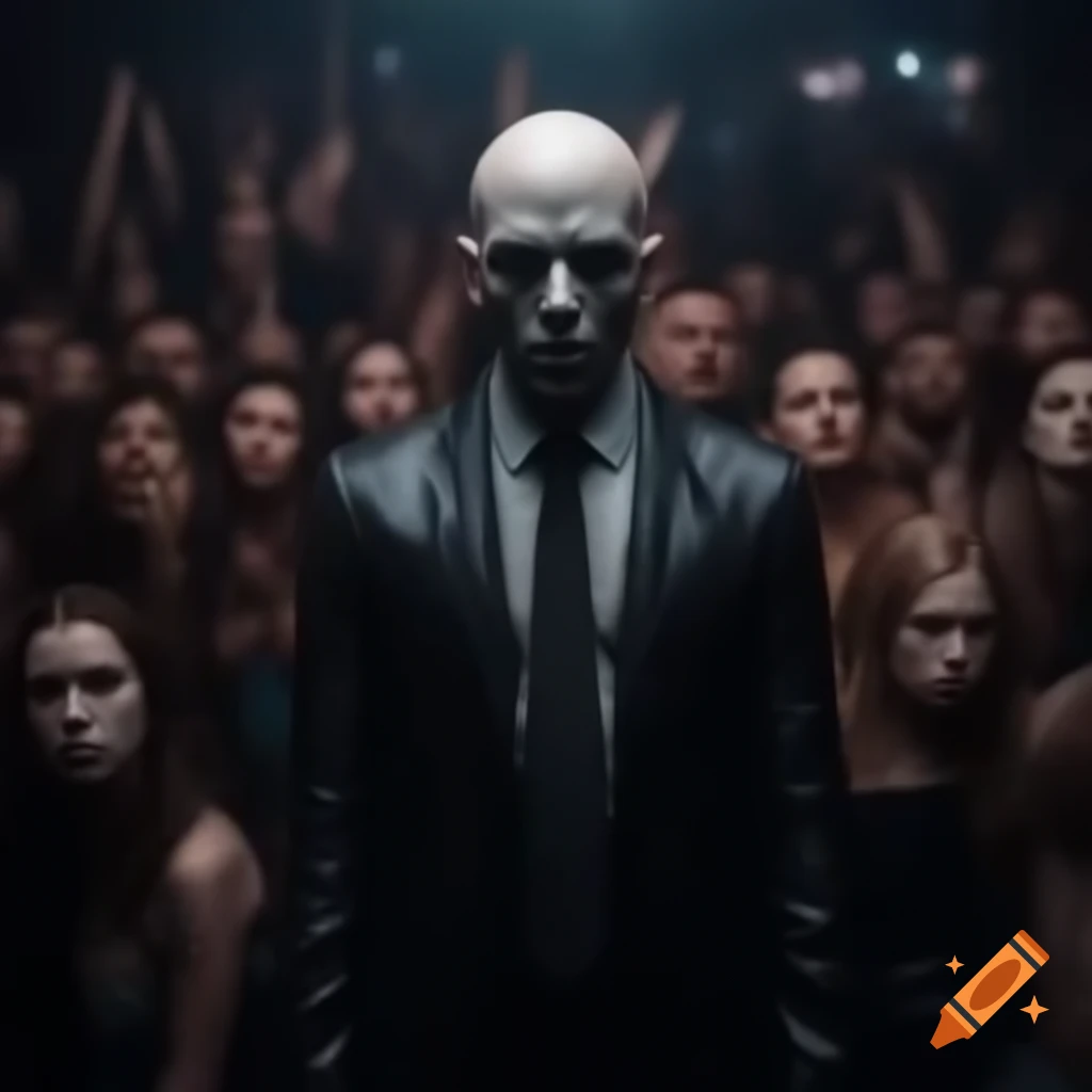 Mysterious tall bald figure in lively nightclub crowd