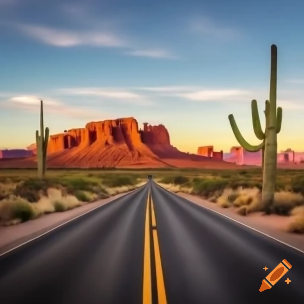 Sun-drenched highway in Arizona desert with red rock formations and diner